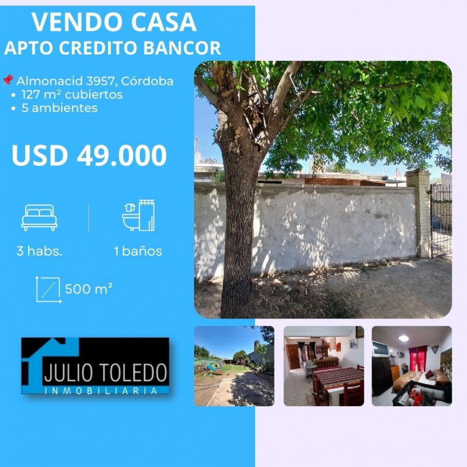 APTO CREDITO BANCOR: EN Bo AMEGHINO NORTE VENDO CASA DE 3 DORMITORIOS SOBRE TERRENO DE 500 M2