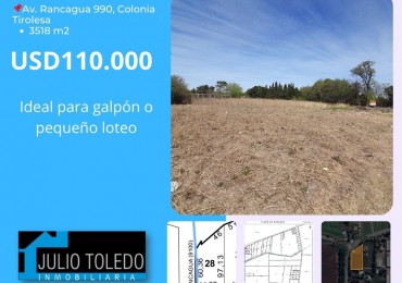 VENDO IMPORTANTE LOTE SOBRE CAMINO A COLONIA TIROLESA